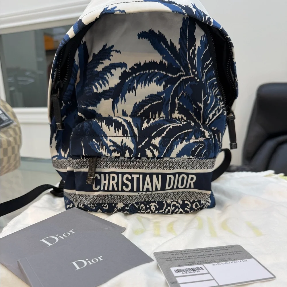 Dior Blue and Ivory Palm-Print Canvas Backpack
